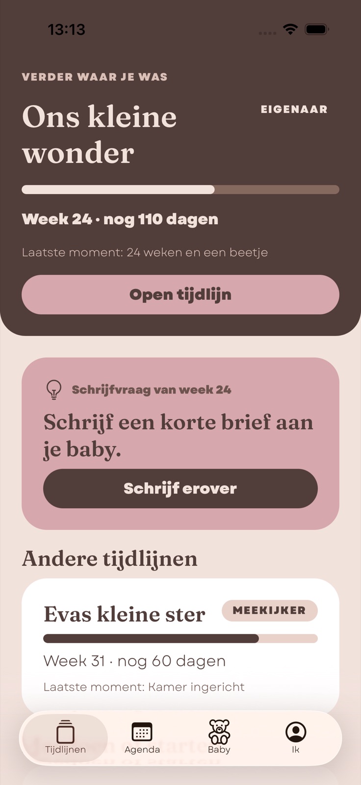 Het startscherm van Littlestep met de voortgang van de zwangerschap